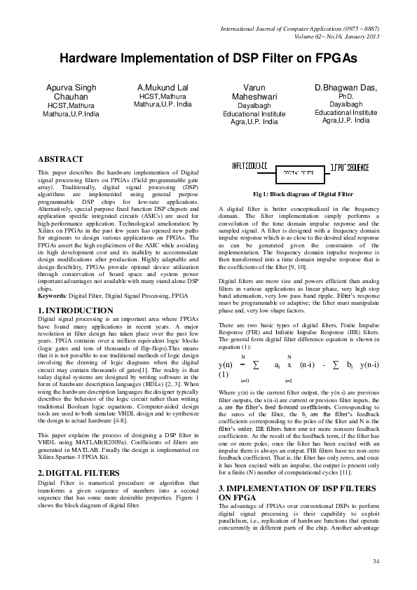 (PDF) Hardware Implementation of DSP Filter on FPGAs