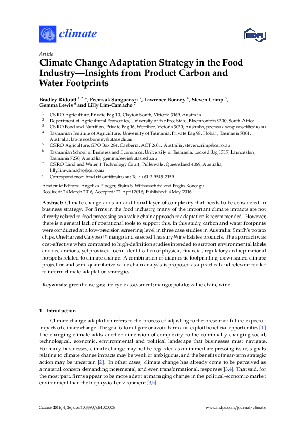 (PDF) Climate Change Adaptation Strategy in the Food Industry—Insights ...