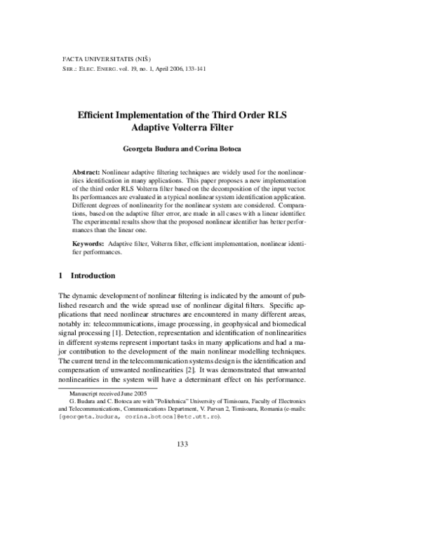 (PDF) Efficient implementation of the third order RLS adaptive Volterra ...