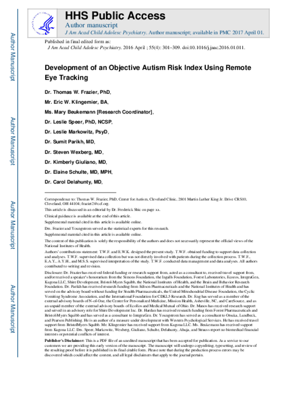 (PDF) Development of an Objective Autism Risk Index Using Remote Eye ...