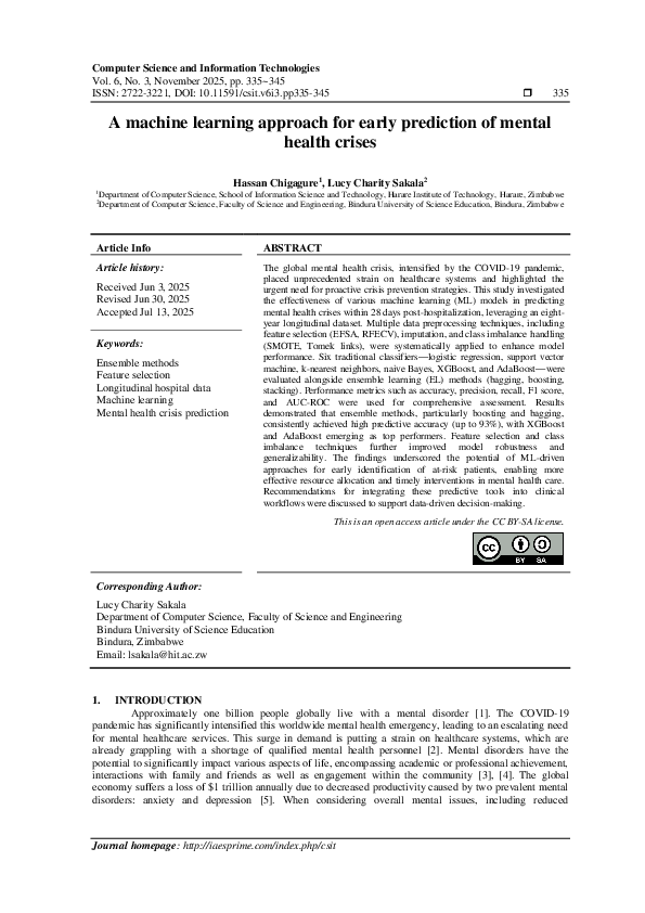 (PDF) A machine learning approach for early prediction of mental health ...