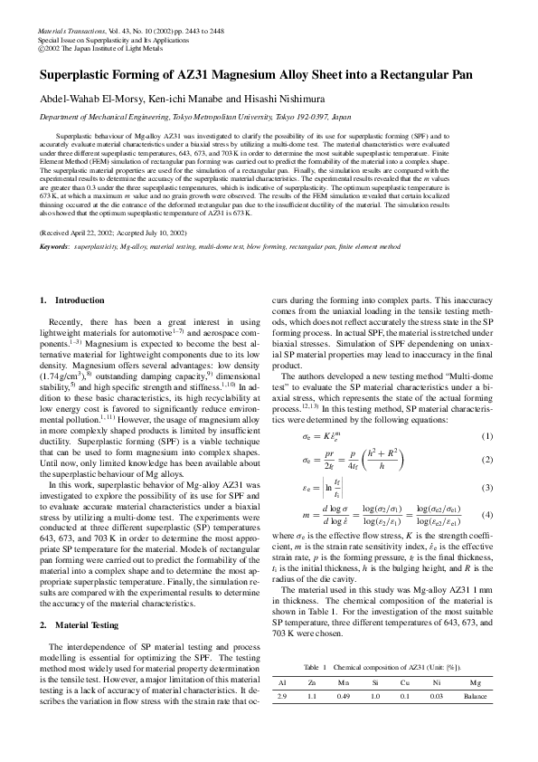 (PDF) Superplastic Forming of AZ31 Magnesium Alloy Sheet into a ...