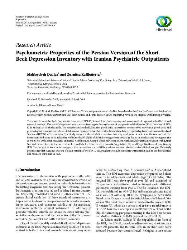 (PDF) Psychometric Properties of the Persian Version of the Short Beck ...