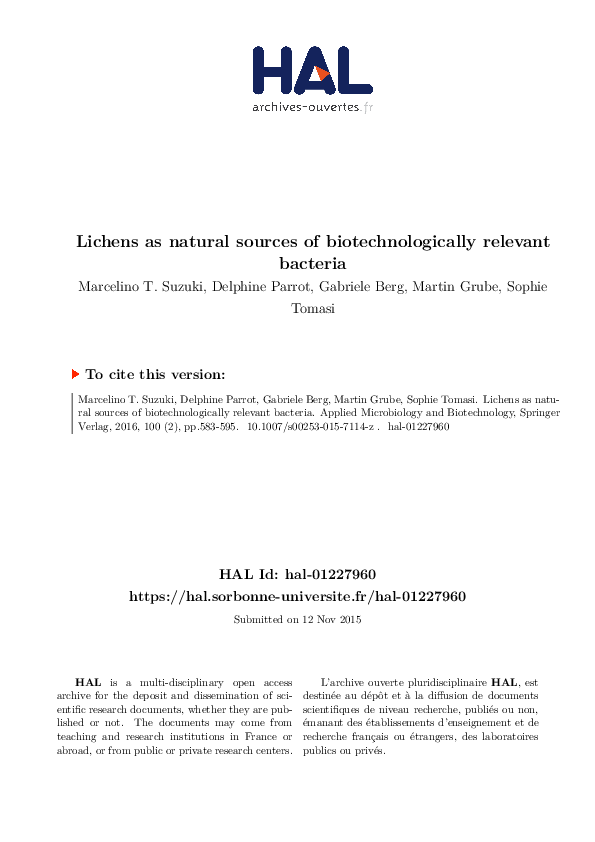 (PDF) Lichens as natural sources of biotechnologically relevant bacteria