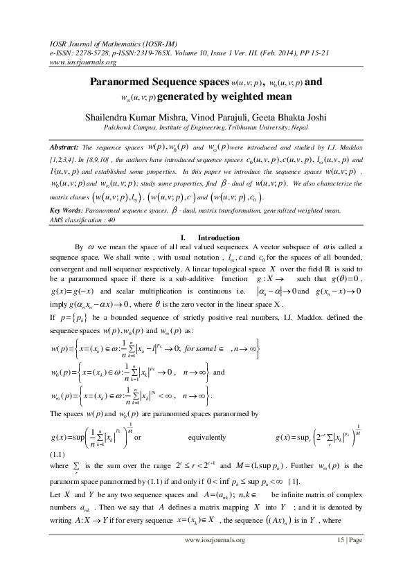 (PDF) Paranormed Sequence spaces w u v p ( , ; ), w u v p 0 ( , ; ) and ...