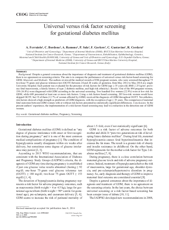 (PDF) Universal versus risk factor screening for gestational diabetes ...