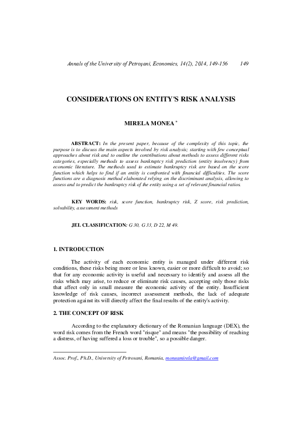 (PDF) Considerations On Entity'S Risk Analysis