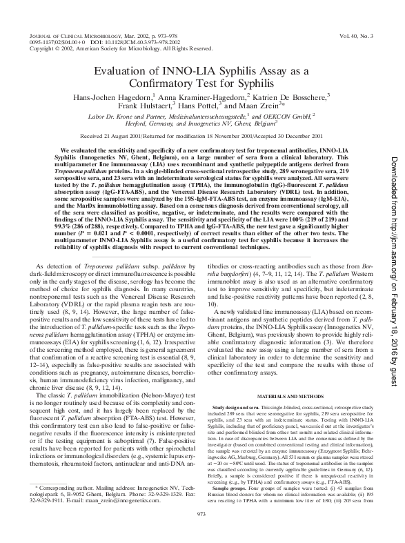 (PDF) Evaluation of INNO-LIA Syphilis Assay as a Confirmatory Test for ...