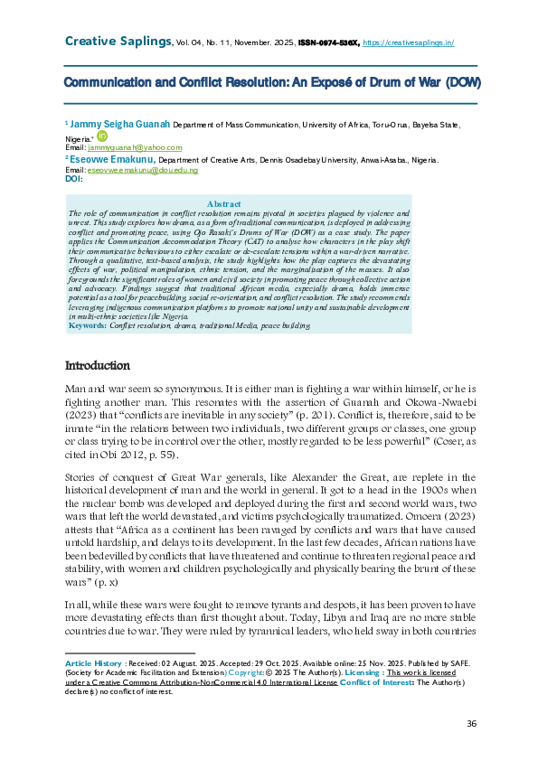 (PDF) Communication and Conflict Resolution: An Exposé of Drum of War (DOW)