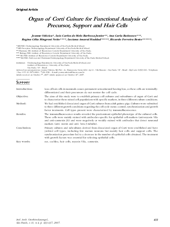 (PDF) Organ of Corti culture for functional analysis of precursor ...