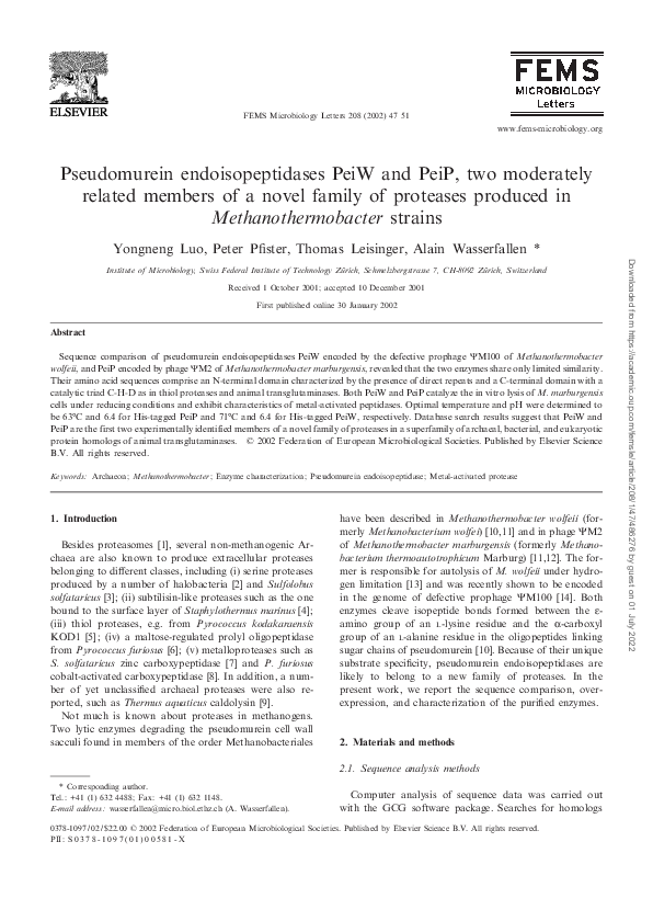 (PDF) Pseudomurein endoisopeptidases PeiW and PeiP, two moderately ...