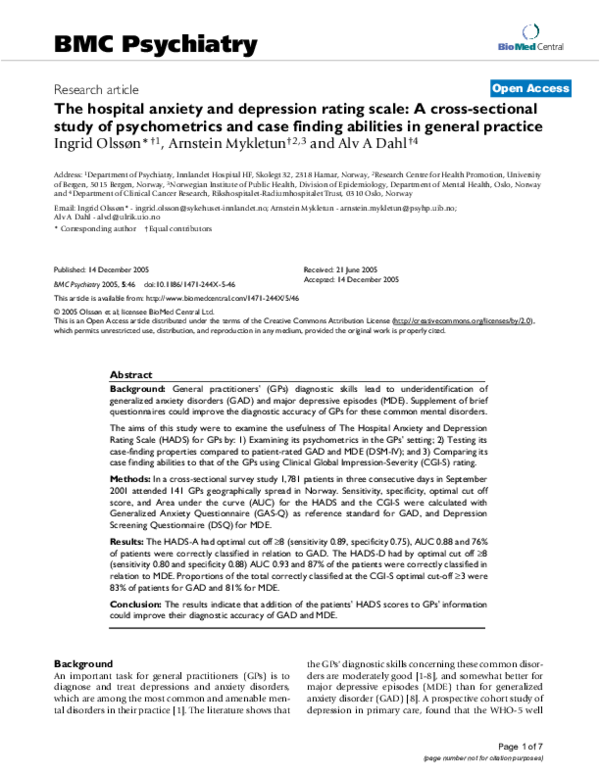 (PDF) The Hospital Anxiety and Depression Rating Scale: a cross ...