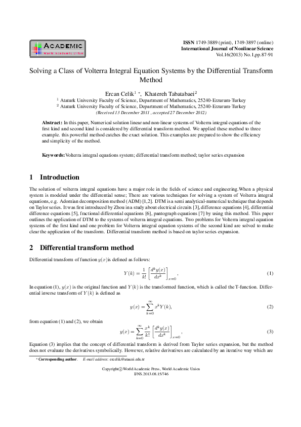 Pdf Solving A Class Of Volterra Integral Equation Systems By The