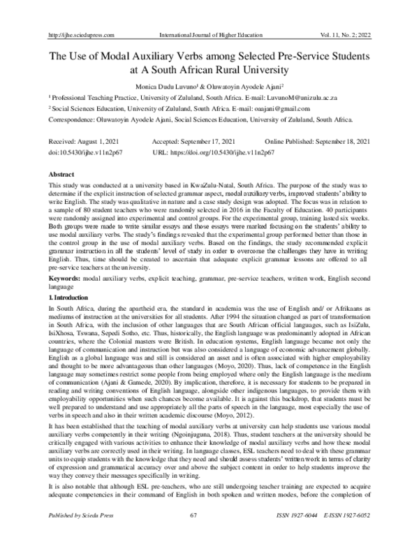 (PDF) The Use of Modal Auxiliary Verbs among Selected Pre-Service ...