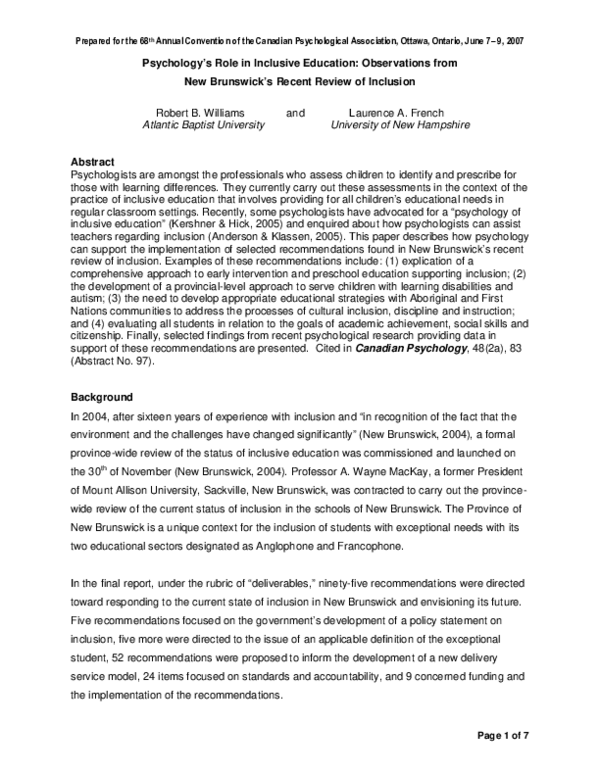 (PDF) Psychology's Role in Inclusive Education: Observations from New ...