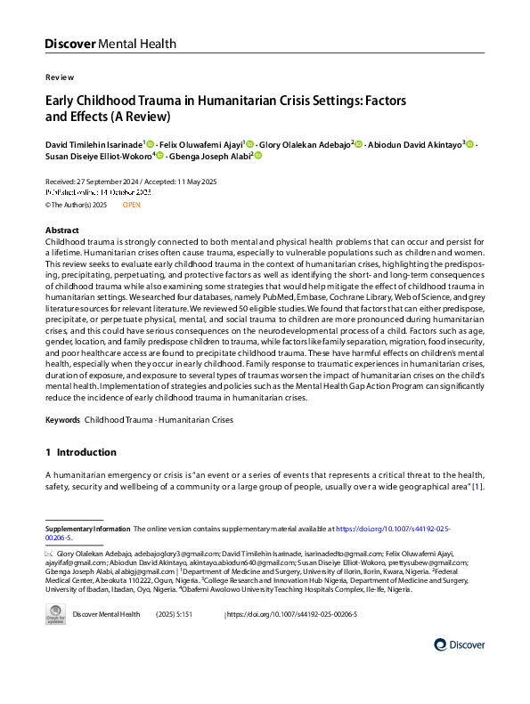 (PDF) Early Childhood Trauma in Humanitarian Crisis Settings: Factors ...