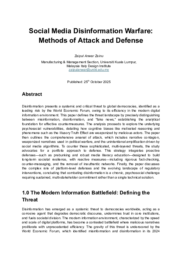 (PDF) Social Media Disinformation Warfare: Methods of Attack and Defense