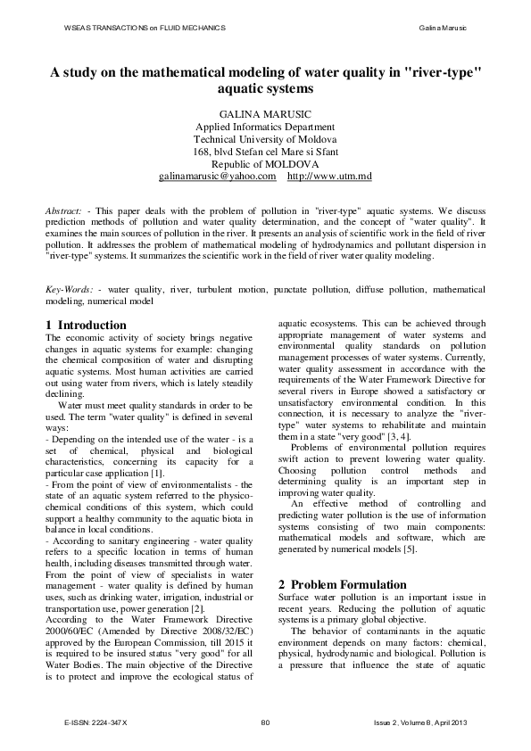 (PDF) A study on the mathematical modeling of water quality in 