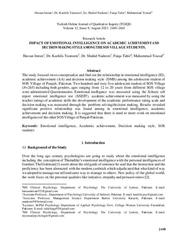 (PDF) IMPACT OF EMOTIONAL INTELLIGENCE ON ACADEMIC ACHIEVEMENT AND ...