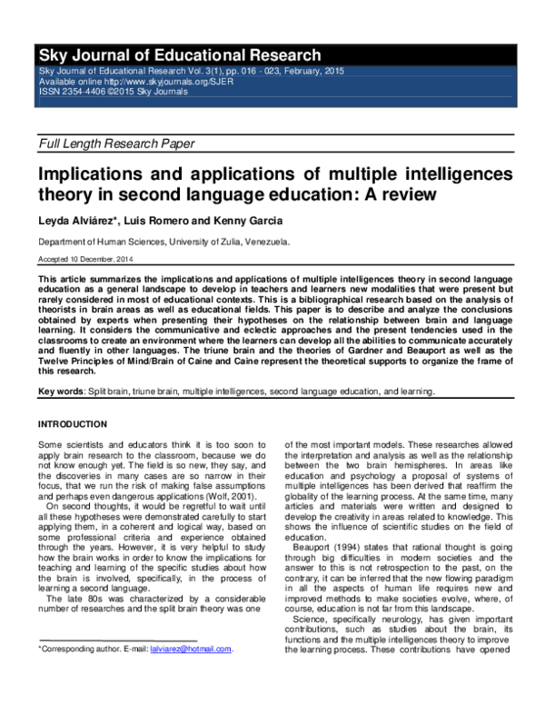 (PDF) Implications and applications of multiple intelligences theory in ...