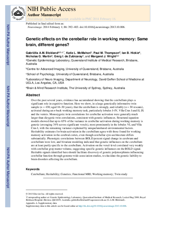 (PDF) Genetic effects on the cerebellar role in working memory: Same ...