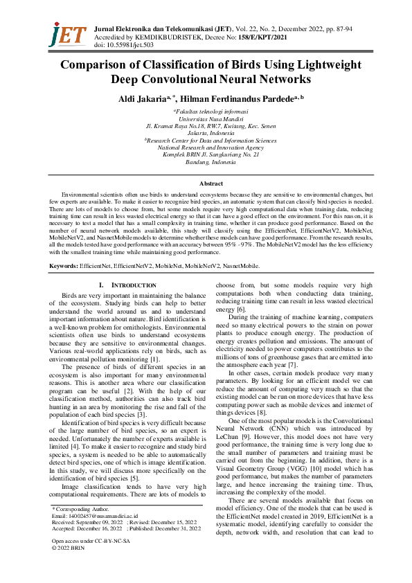(PDF) Comparison of Classification of Birds Using Lightweight Deep ...