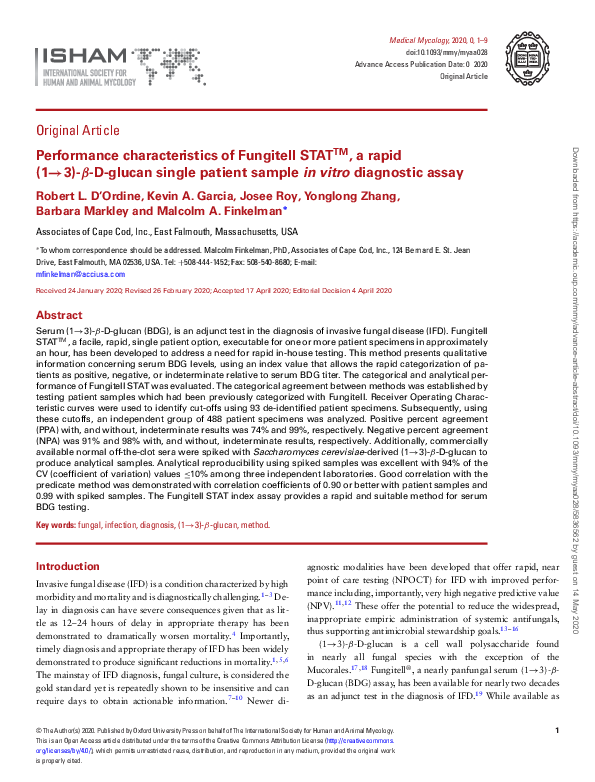 (PDF) Performance characteristics of Fungitell STAT™, a rapid (1→3)-β-D ...
