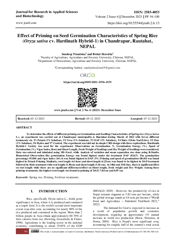 (PDF) Effect of Priming on Seed Germination Characteristics of Spring ...