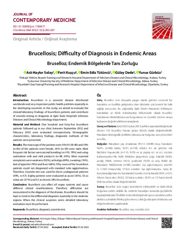 (PDF) Brucellosis; Difficulty of Diagnosis in Endemic Areas