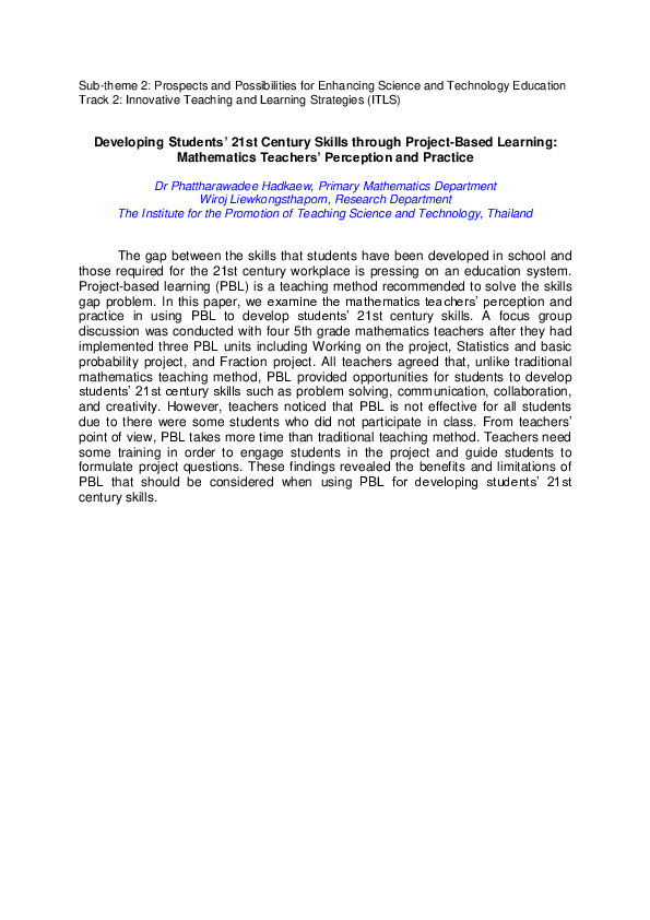 (PDF) Developing Students' 21st Century Skills through Project-Based ...