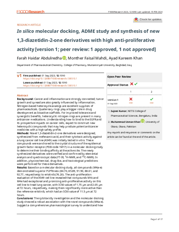 (PDF) In silico molecular docking, ADME study and synthesis of new 1,3 ...