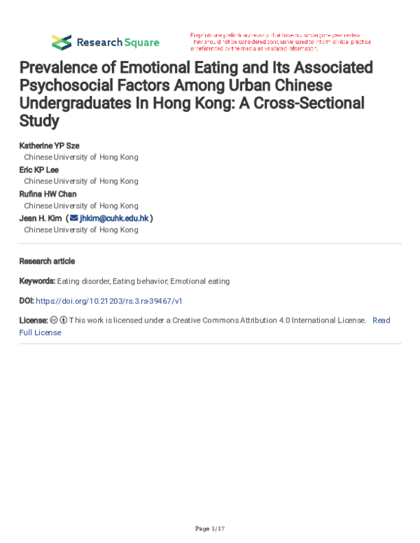 (PDF) Prevalence of Emotional Eating and Its Associated Psychosocial ...