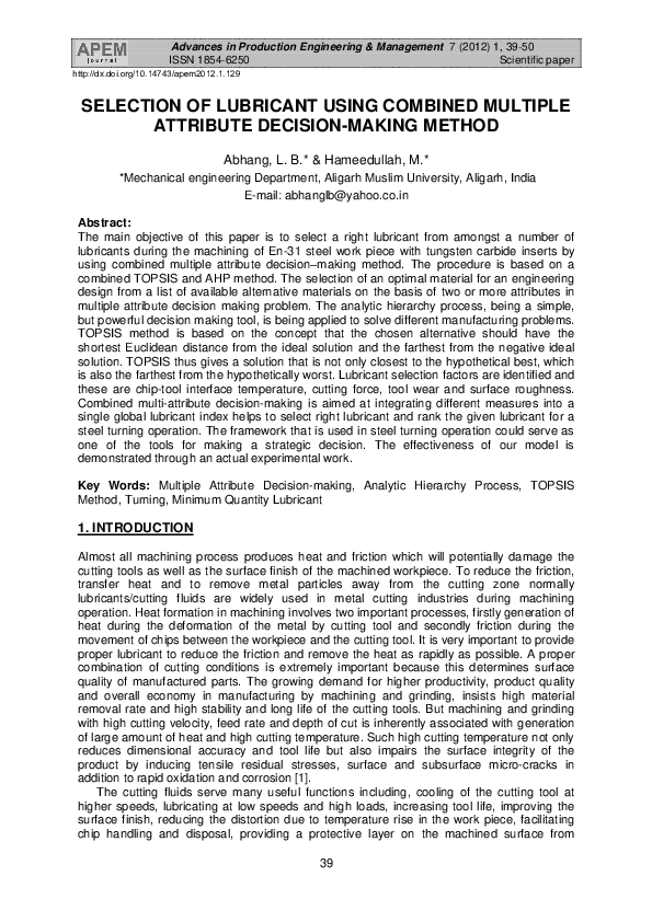 (PDF) Selection of lubricant using combined multiple attribute decision ...