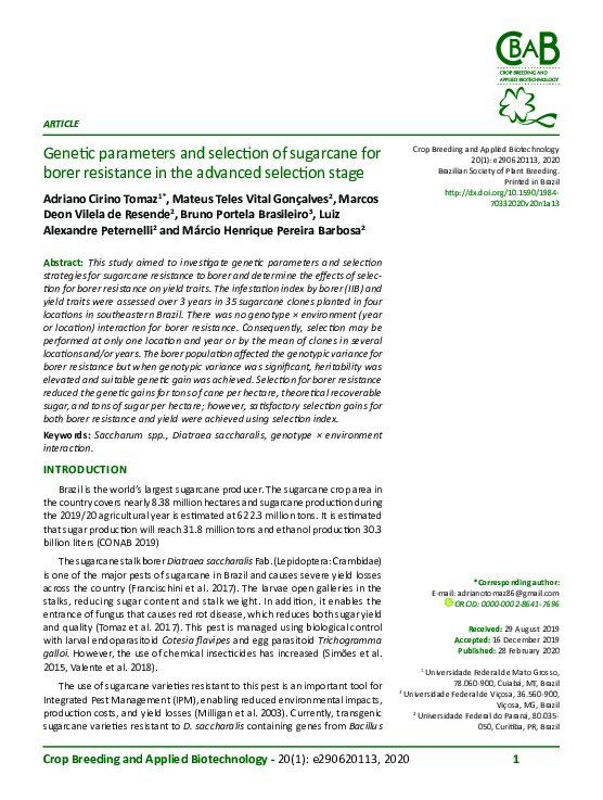 (PDF) Genetic parameters and selection of sugarcane for borer ...