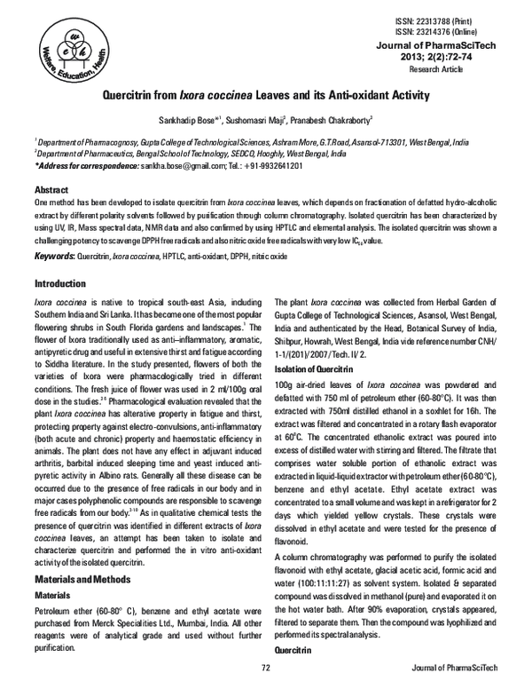 (PDF) Quercitrin from Ixora coccinea Leaves and its Anti-oxidant Activity