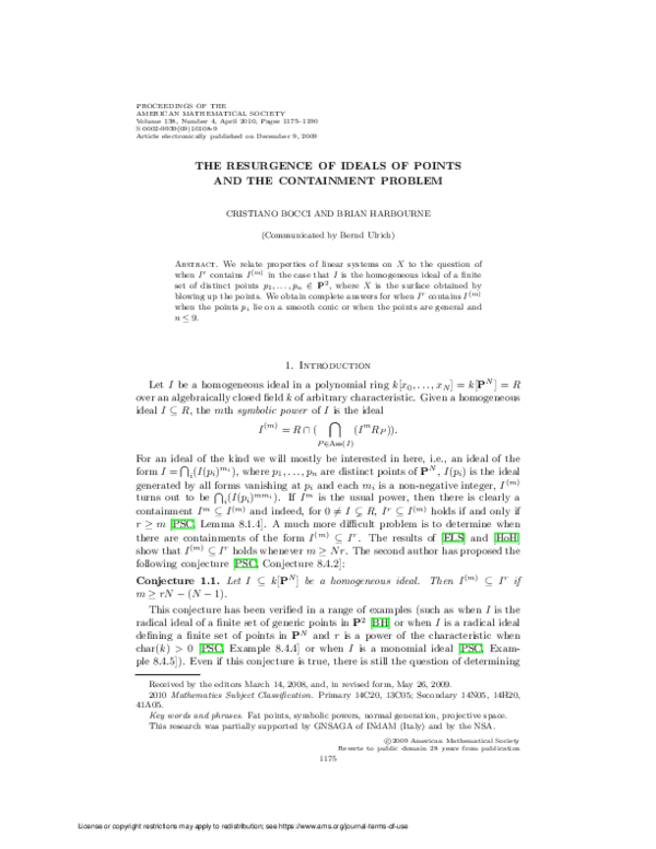 (PDF) The resurgence of ideals of points and the containment problem