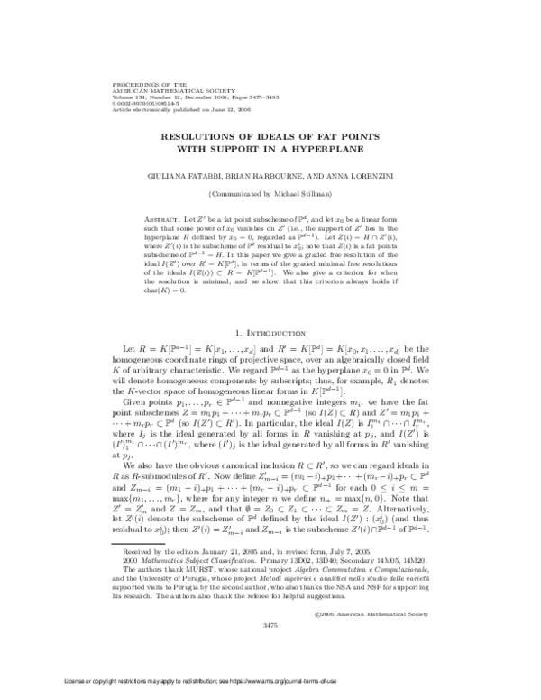 (PDF) Resolutions of ideals of fat points with support in a hyperplane