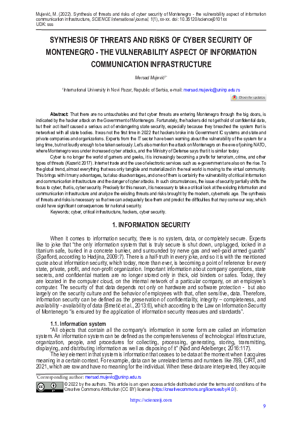 (PDF) Synthesis of Threats and Risks of Cyber Security of Montenegro ...