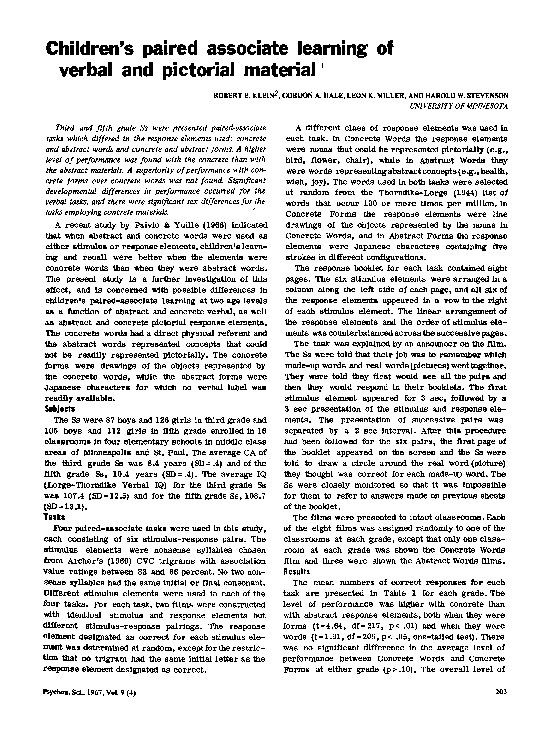 (PDF) Children’s paired associate learning of verbal and pictorial material
