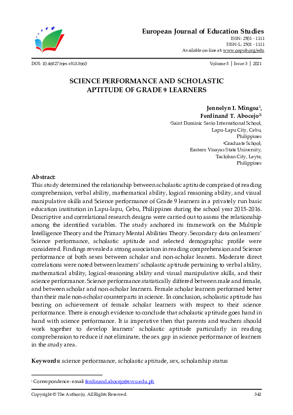 (PDF) Science Performance and Scholastic Aptitude of Grade 9 Learners