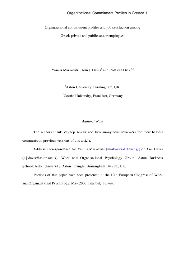 (PDF) Organizational Commitment Profiles in Greece 1 Organizational ...