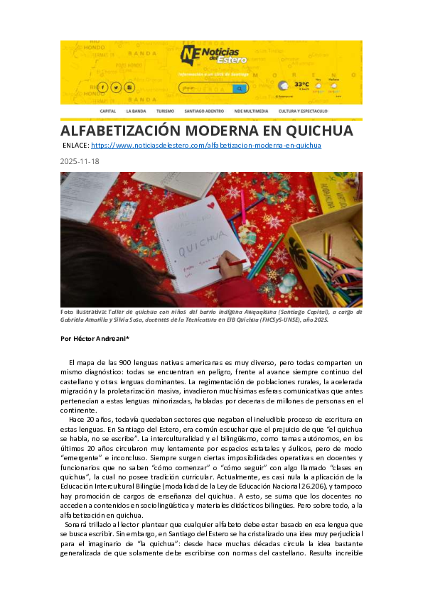 (PDF) Nota: Alfabetización moderna en quichua (Noticias del Estero)-2025