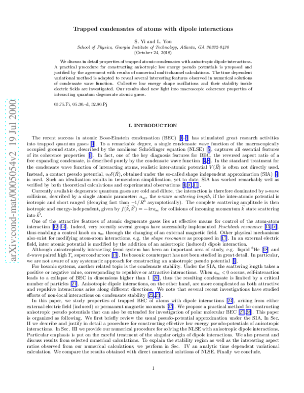 (PDF) Trapped condensates of atoms with dipole interactions