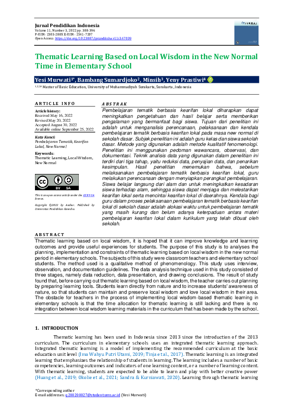 (PDF) Thematic Learning Based on Local Wisdom in the New Normal Time in ...