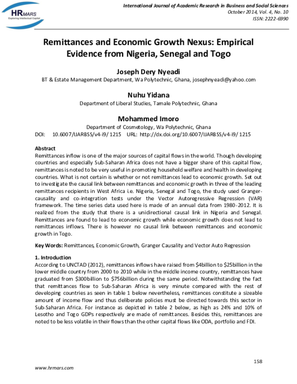 (PDF) Remittances and Economic Growth Nexus: Empirical Evidence from ...