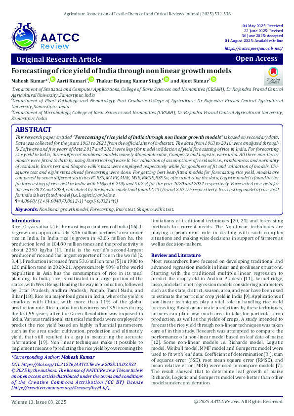 (PDF) Forecasting of rice yield of India through non linear growth models