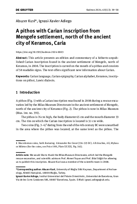 (PDF) A pithos with Carian inscription from Mengefe settlement, north ...