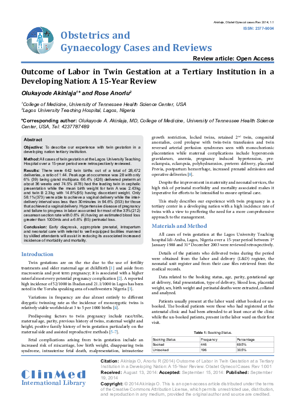 (PDF) Outcome of Labor in Twin Gestation at a Tertiary Institution in a ...
