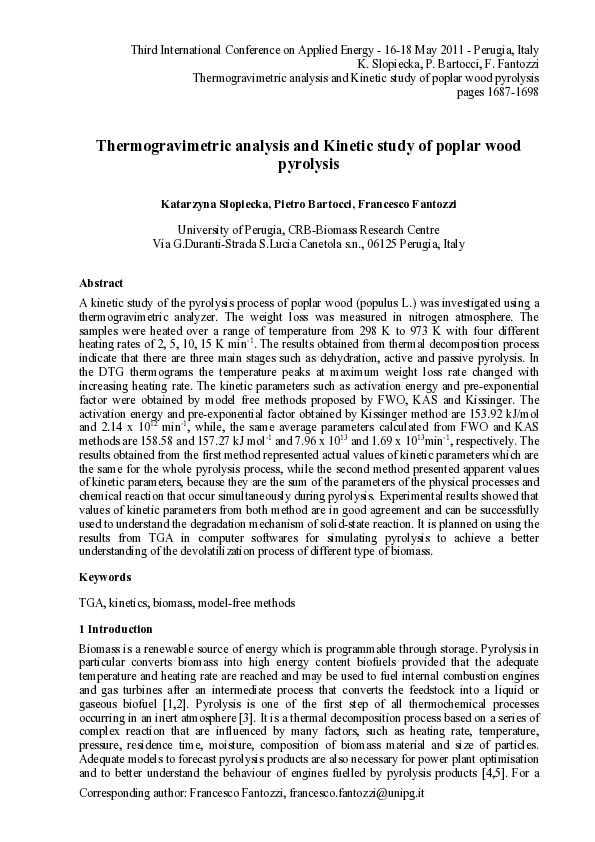 (PDF) Thermogravimetric analysis and kinetic study of poplar wood pyrolysis