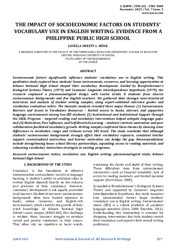 (PDF) THE IMPACT OF SOCIOECONOMIC FACTORS ON STUDENTS' VOCABULARY USE ...